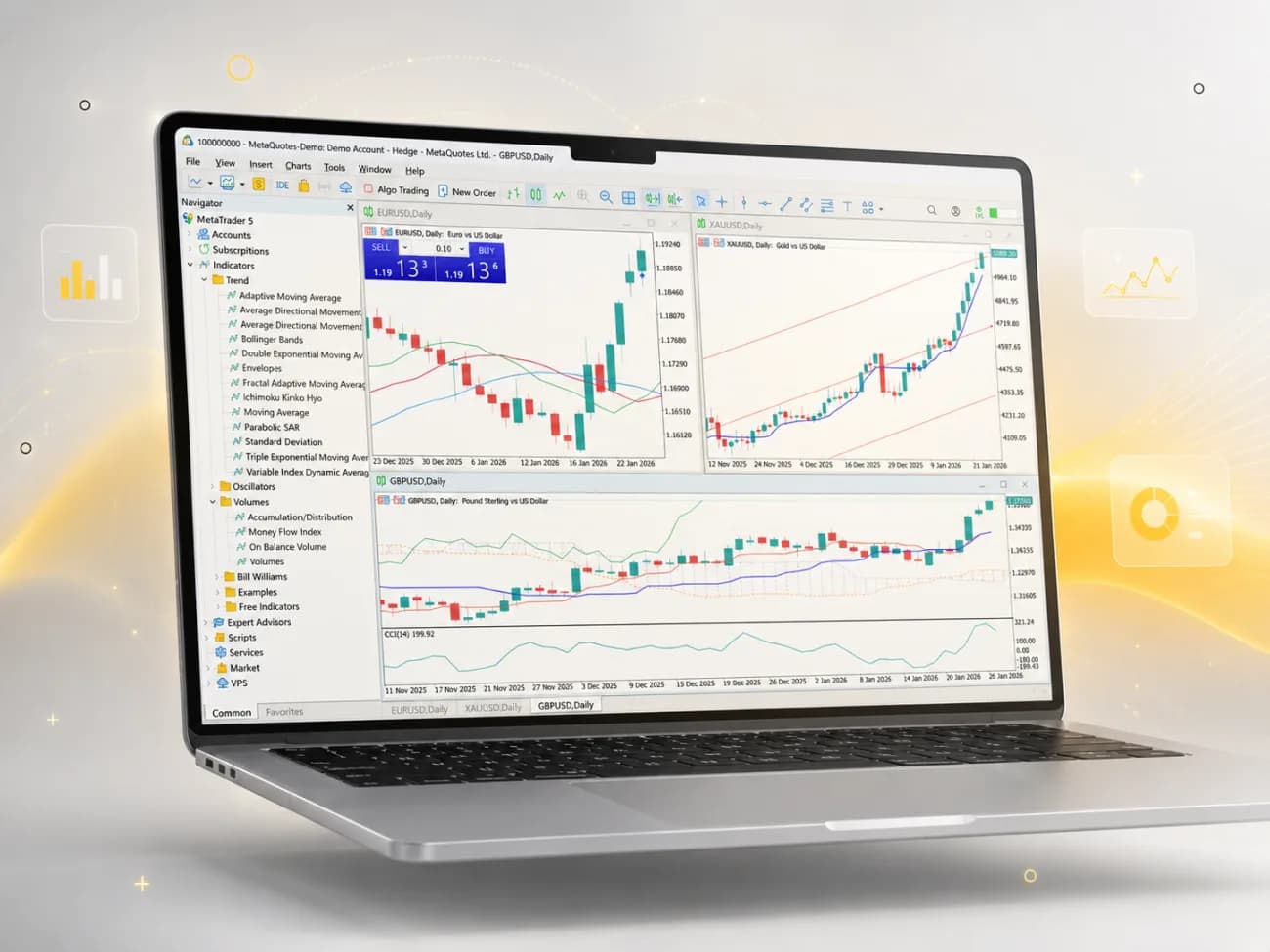 MetaTrader 5 running on a laptop